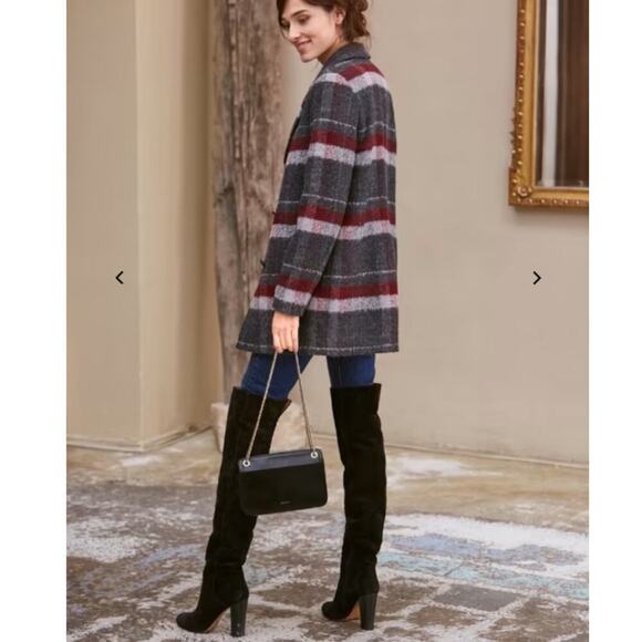 Sezane Octave Coat In Burgundy Gray Tiles Size 8 Plaid Double Breasted Jacket - Picture 7 of 11